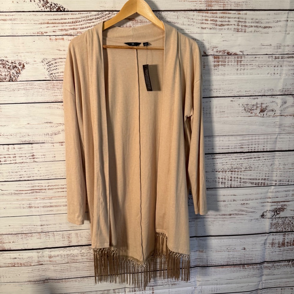 G by Giuliana Cardigan Women Large Beige New Macrame Fringe Ribbed Boho Longline